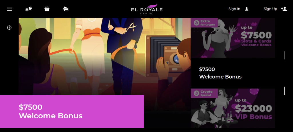 el royale casino main menu and promotions selection