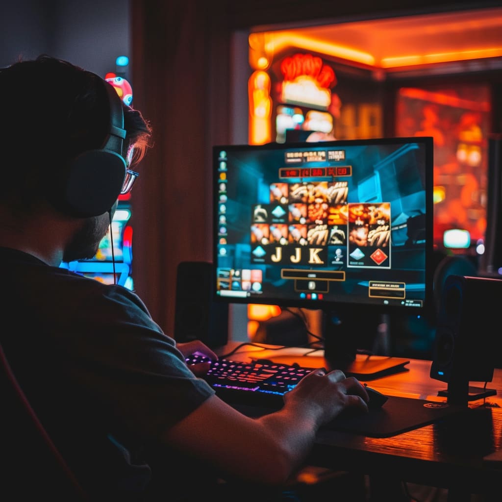 The player is sitting in front of the computer monitor, which shows that he is playing in an online casino