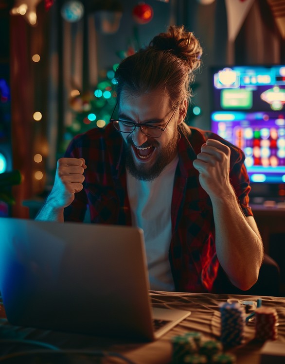 Happy guy is happy about online casino win.