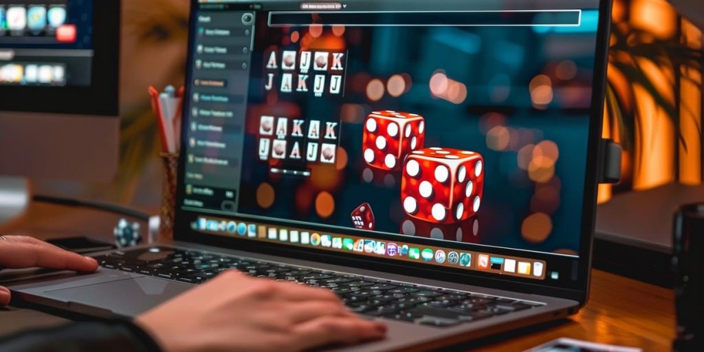 Online casino game on the computer screen, cards and dice.