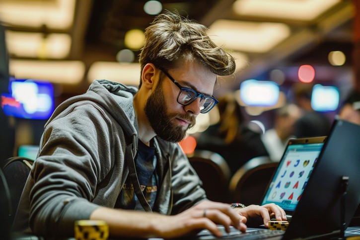 An online poker player is sitting in front of a laptop